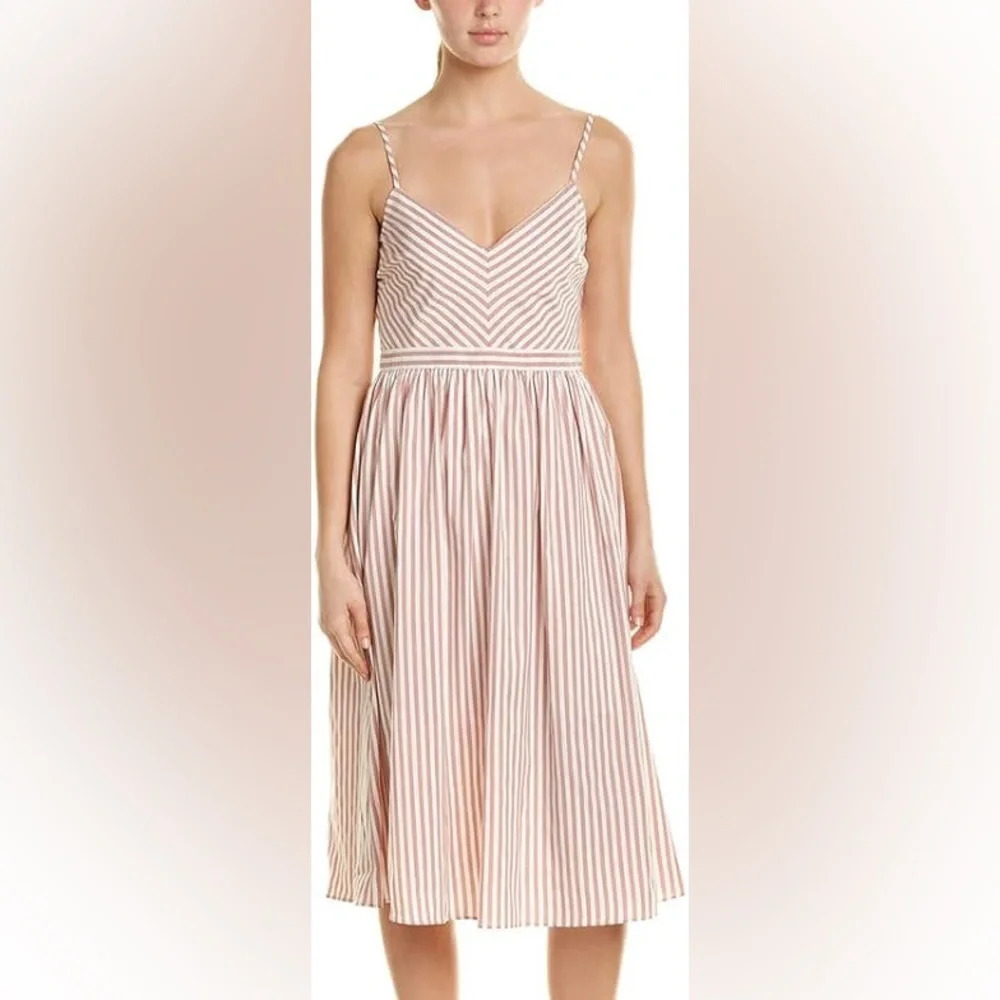 Avec Les Filles Striped Fit & Flare Beige Pink Sundress Midi Size 6 Small NWT